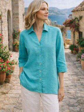Richard Malcolm Irish Linen Embroidered Blouse Turquoise Vintage